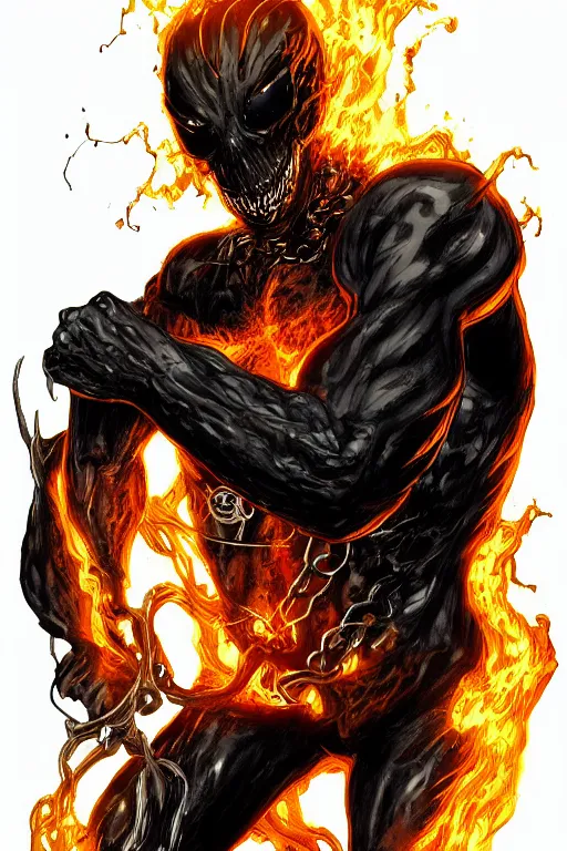 Image similar to ghost rider symbiote, comic strip style, dynamic lighting, fantasy concept art, trending on art station, stunning visuals, creative, cinematic, portrait, ultra detailed