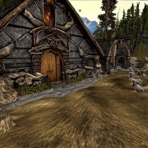 Image similar to Elder Scrolls Skyrim game screenshot of a large house shaped like a fox, made of wood