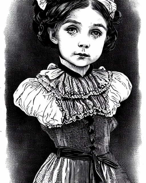 Prompt: little victorian girl, black ink on paper, trending on artstation, beautiful, intricate, detailed