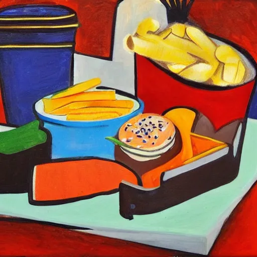 Prompt: fast food picasso, condiments!!! on canvas, framed on a museum wall, natural lighting