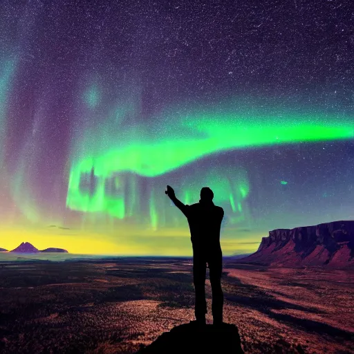 Prompt: 4K Epic Ultra HD detailed award-winning wallpaper silhouette of lonely man standing on rock holding a flashlight looking at huge vast sky universe Milky Way aurora