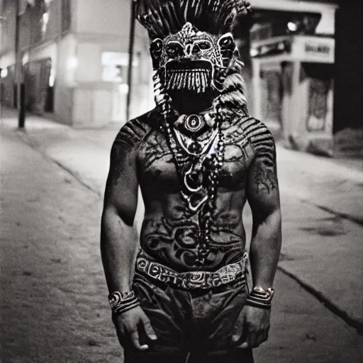 Prompt: empty street, mayan jaguar warrior, portrait, at night, by nan goldin, cinematography by quetzalcoatl