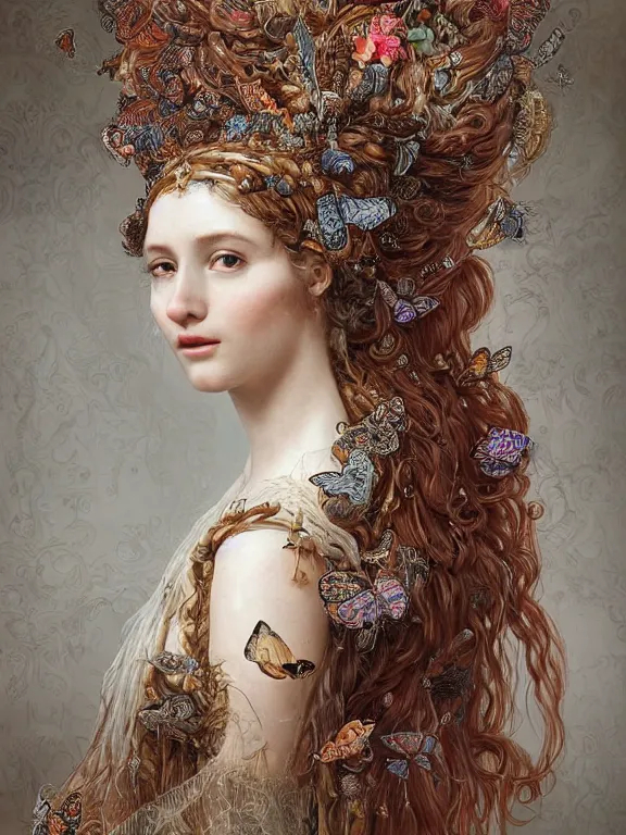 Prompt: a beautiful portrait render of a young lady,veiled,rococo dramatic headdress with intricate fractals of butterflies ,tassels,by Daveed Benito and Lawrence Alma-Tadema and Enchanted doll and aaron horkey and peter gric,trending on pinterest,rococo,hyperreal,jewelry,gold,ruby,feminine,intricate,maximalist,high detail,golden ratio,cinematic lighting