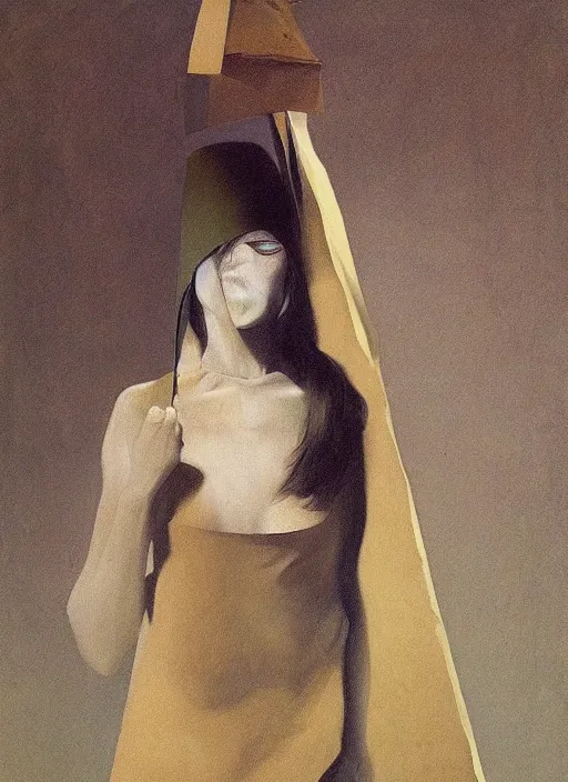 Image similar to woman in paper bag over the head and a sward Edward Hopper and James Gilleard, Zdzislaw Beksinski, highly detailed