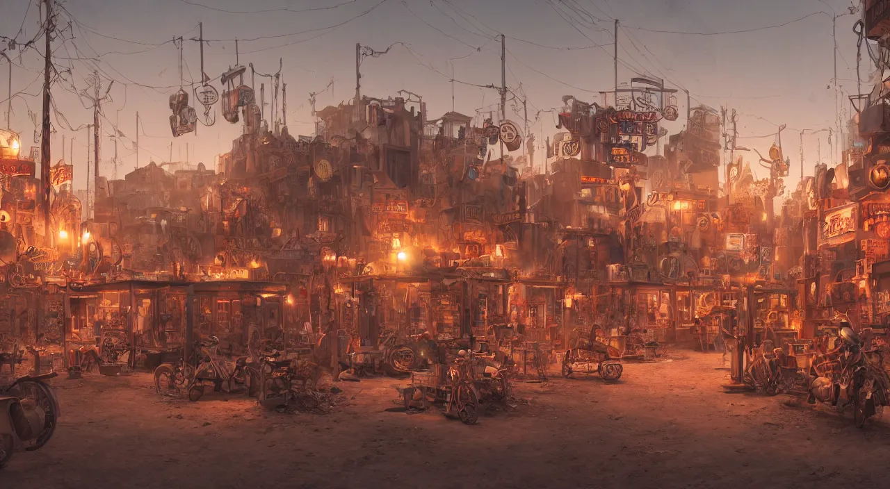 Prompt: a steampunk village in the desert at dawn, junk everywhere, neon lights, neon signs, magical atmosphere, mist, steam, photo realistic, 35mm, Matte painting, octane render, 8k, corona render, movie concept art by albert kiefer