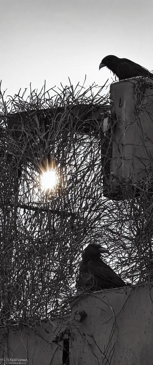 Prompt: Portrait of a tired battle-worn rugged veteran staring contemplatively into the sunset from an abandoned overgrown rooftop terrace. A crow perched above stares at the sun, as well. Masterpiece. Photo taken with Kodak Professional Pro Image 100 35mm film.