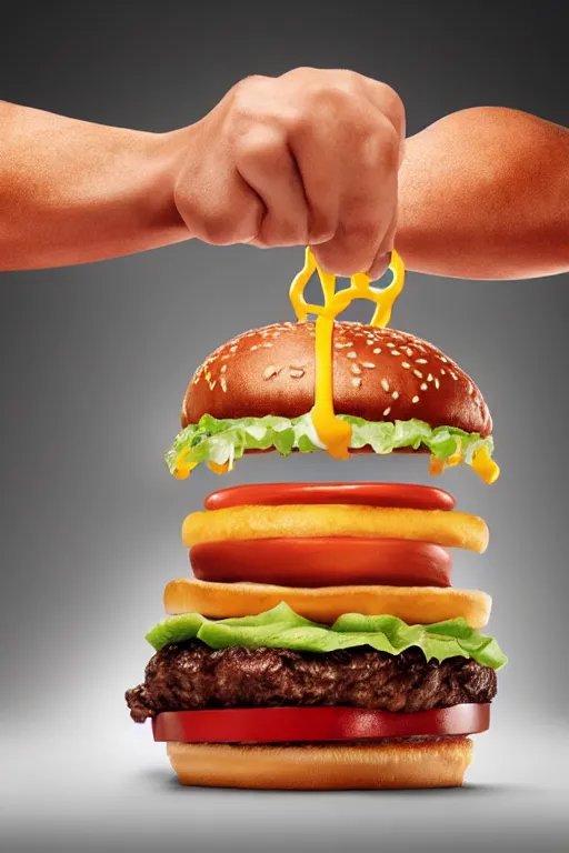 Image similar to mcdonalds hamburger smashed by a giant fist, commercial photography