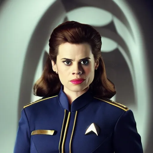 Image similar to a beautiful full body photograph of younger hayley atwell as a star fleet officer from star trek next generation, full dress uniform, smaller lips, symmetrical face, extreme realism and detail, 8 k, completely framed, direct lighting, 3 5 mm photo, photorealistic, sharp focus