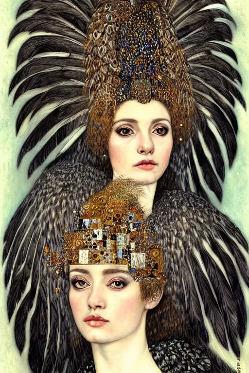 Prompt: head and shoulders portrait of a harpy, eagle wings, feathers, beautiful, female, magical, high fantasy, d & d, by klimt, face details, extremely detailed, digital illustration