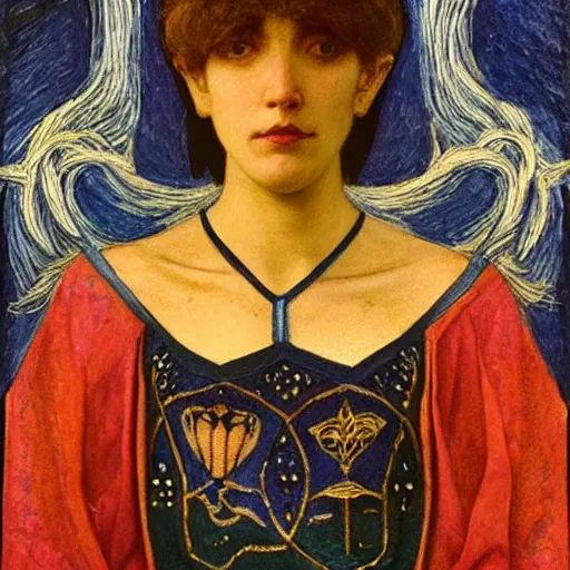 Image similar to the night crown, by Annie Swynnerton and Nicholas Roerich , embroidered robes, starry tattoos, elaborate costume, geometric ornament, symbolist, soft colors, dramatic lighting, smooth, sharp focus, extremely detailed