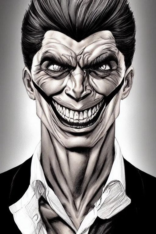 Prompt: aesthetic digital portrait of a handsome young man with a sinister grin by brian bolland, rachel birkett, alex ross, and neal adams | dark, intimidating, imposing, portrait, character concept, concept art, unreal engine, finalrender, centered, deviantart, artgerm