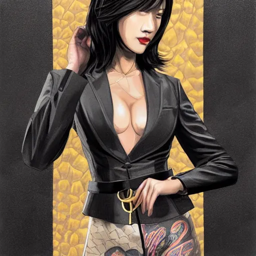 Prompt: yakuza slim girl, gold suit jacket in snake print, jacket over bare torso, yakuza tattoo Irezumi on body, black short curtain haircut, black leather pants with black belt, portrait, beautiful face, elegant, 2d, ultra highly detailed, digital painting, smooth, sharp focus, artstation, art by Ilya Kuvshinov, rossdraws