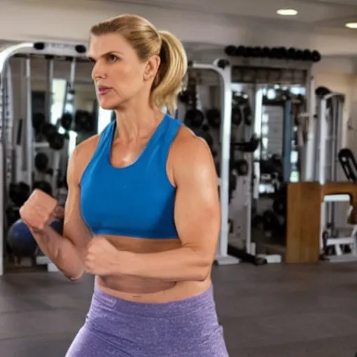 Image similar to muscular Kim Wexler working out in a jim, movie still, photorealistic