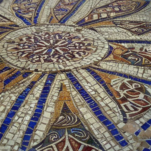 Prompt: detailed, intricate, roman mosaic of penrose tiles on the floor of notre dame cathedral