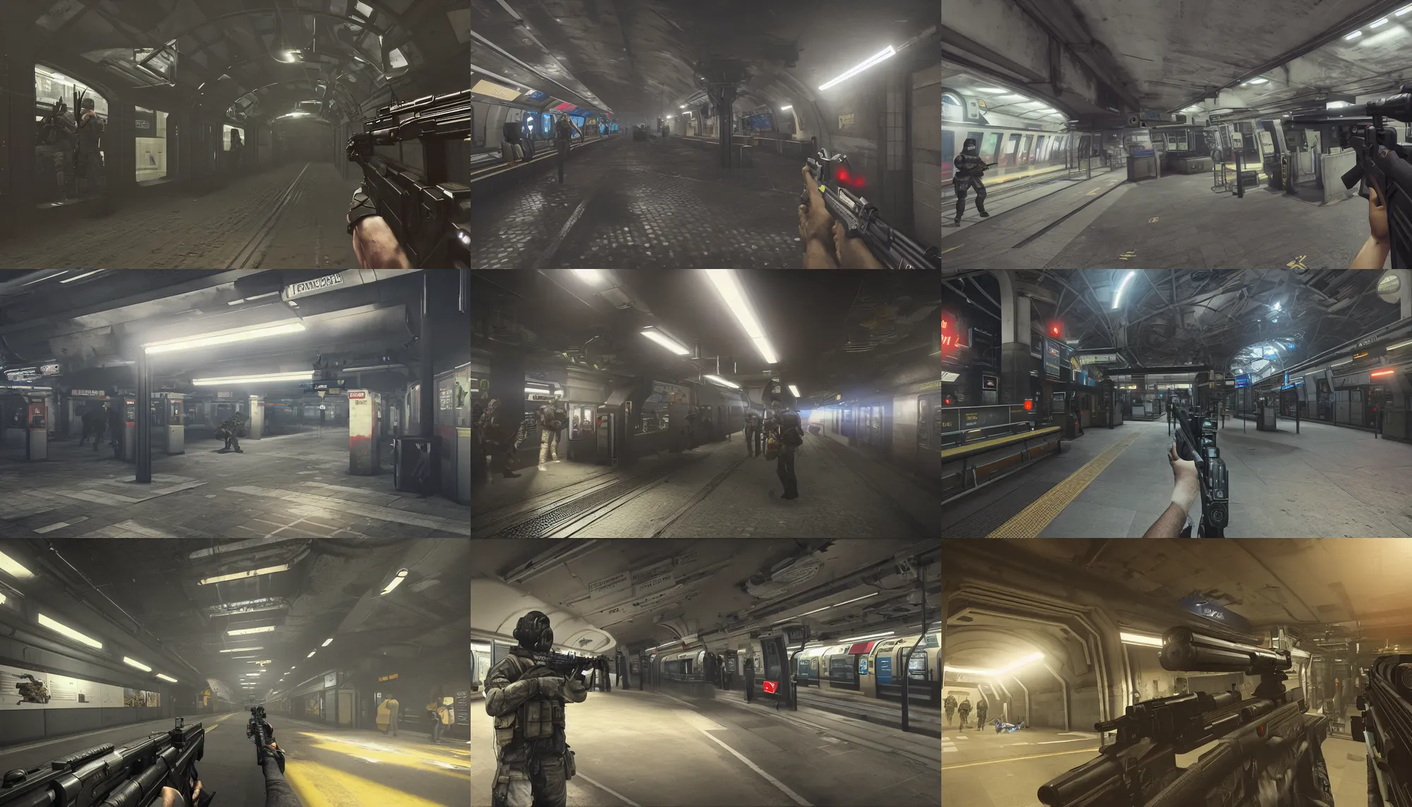 Prompt: fps shooter game, riflegun, london underground tube railway station, video game, hyperdetailed, artstation, cgsociety, 8 k