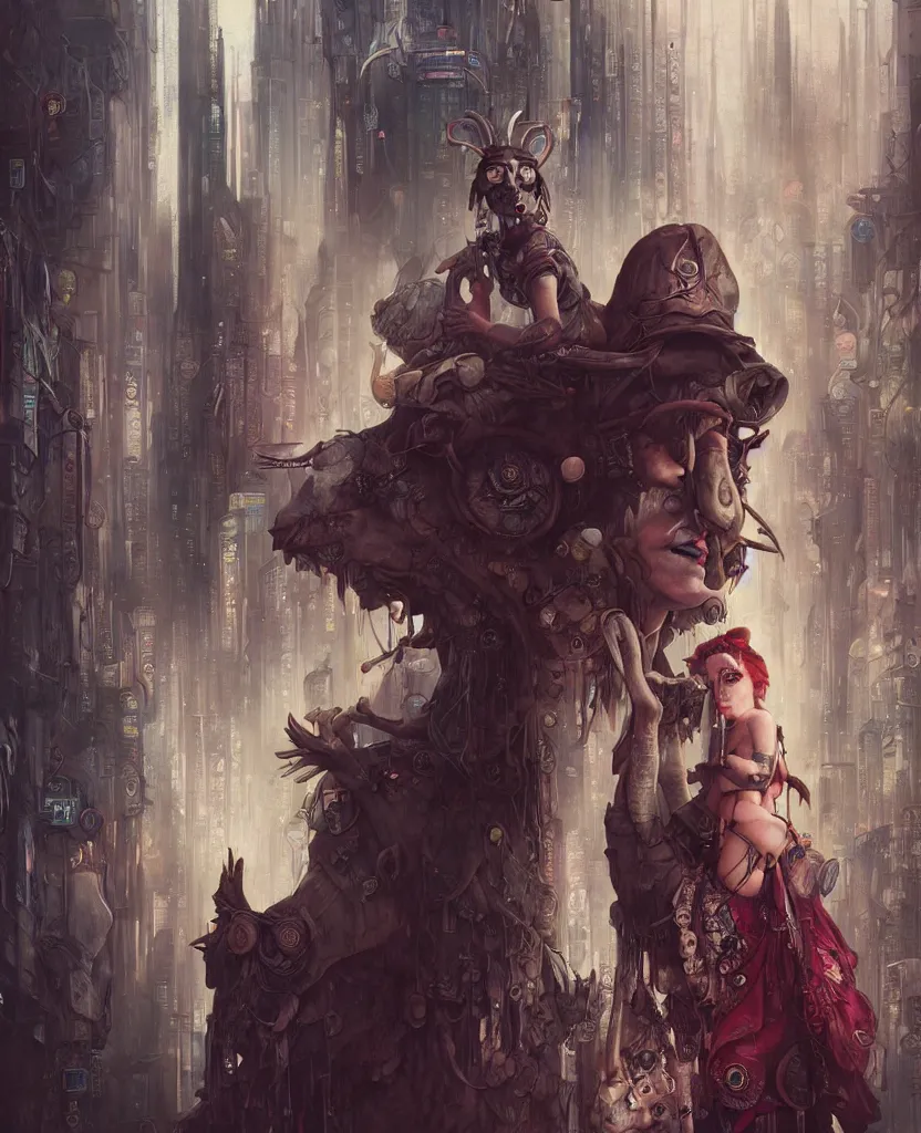 Prompt: hyper realistic Princess Mononoke, spooky mask, busy cyberpunk metropolis, city landscape, jewels, style of tom bagshaw, mucha, james gurney, norman rockwell, denoised, sharp