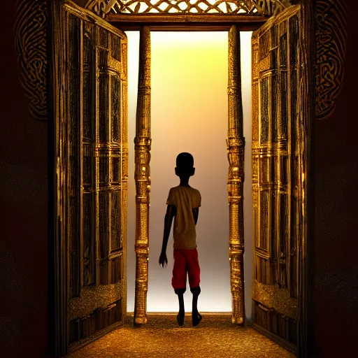 Image similar to an 8 k resolution matte painting of an african boy entering a magical, golden, very ornate door that leads to futuristic heaven, by michael whelan with cinematic, volumetric lighting