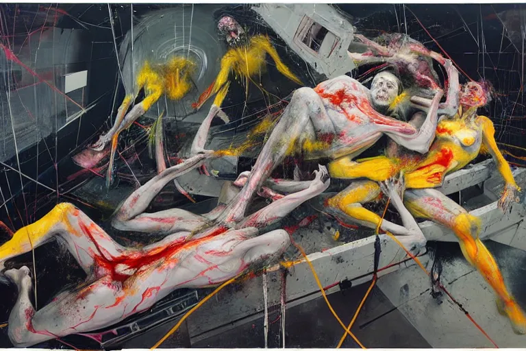 Prompt: bodies entwined in a fight with the physical impossibility of death, inside a brutalist space ship, extremely intricate and detailed, by painted by!!! francis bacon!!!, adrian ghenie, james jean, part by ( ( ( gerhard richter ) ) ), part by ( ( ( petra cortright ) ) ). 8 k masterpiece