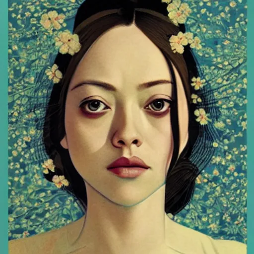 Image similar to “ amanda seyfried portrait by ikenaga yasunari and ayana otake and ko rakusui, 6 0 s poster, drawing, realistic, sharp focus, japanese, dreamy, nostalgia, faded, golden hues, floral clothes ”