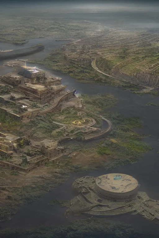 Image similar to exemplary cinematography flooding moonlight nile river aerial perspective surveillance footage building by frank lloyd wright by trending on artstation matte painting, 4 k detail fantasy, cgsociety, matte painting