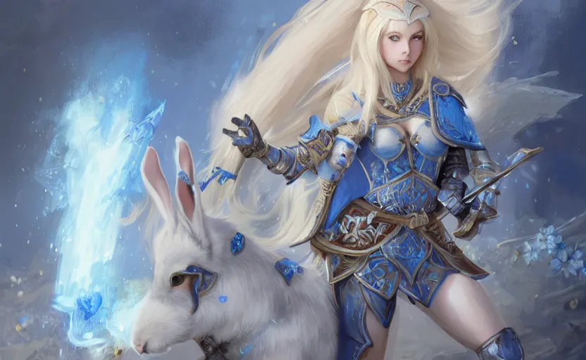 Prompt: young blonde female elf warrior in blue and white armor, surrounded by rabbit knights, epic wallpaper, high fantasy, flowers and trees, intricate detail, digital painting, artstation, concept art, smooth, sharp focus, illustration, art by wlop and raymond swanland and ross tran