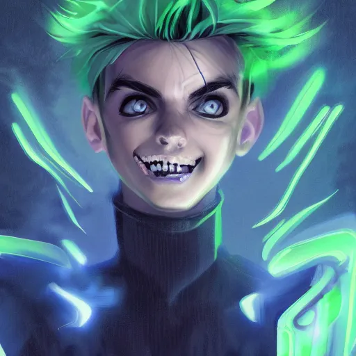 Image similar to A digital matte intricate illustration concept art of young Danny phantom with glowing green eyes and sharp teeth fangs alt art fashion inspired art by Charlie Bowater and WLOP and Mark Arian and Ross Tran + neon colors, symmetry , intricate complexity, epic composition, magical atmosphere, highly detailed, cinematic lighting + masterpiece, trending on artstation + 8k