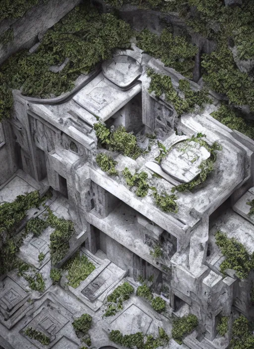 Prompt: “an Aerial view of a cenotes-like modernism Calidarium with marble quarry interior designed by GiuseppeTerragni , Danteum, Dearmcore, abandoned Architecture, hyper-realistic, dark and moody, highly detailed, hyper-realistic, environment, dramatic lighting, octane rendering, vray, unreal engine, cinematic view, 8k”