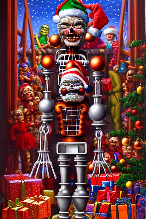 Image similar to a hyperrealistic painting of a 3 d christmas nightmare giant mechanical nutcracker, cinematic horror by chris cunningham, lisa frank, richard corben, highly detailed, vivid color,