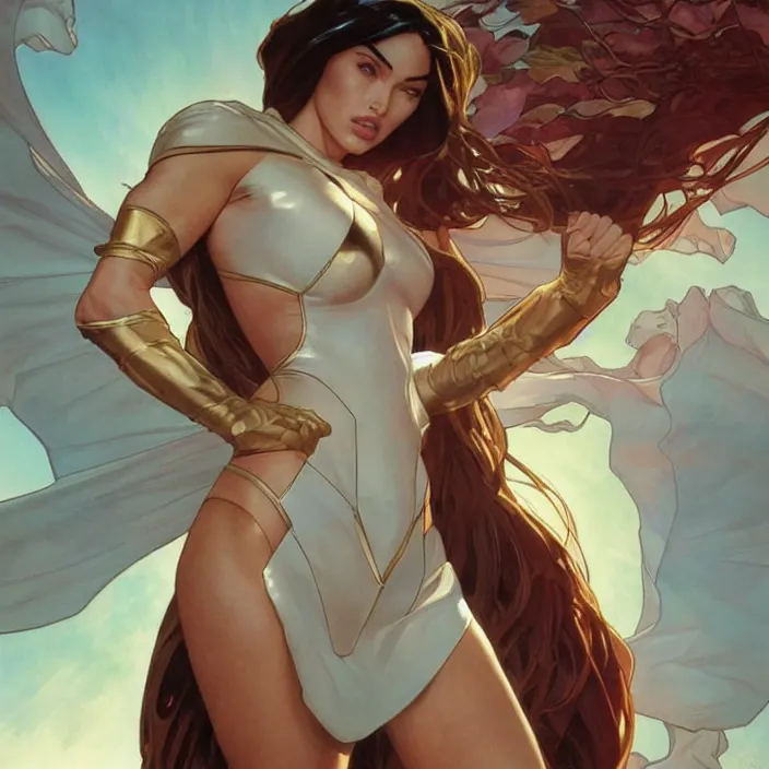 Image similar to megan fox as power girl by artgerm, greg rutkowski, alphonse mucha