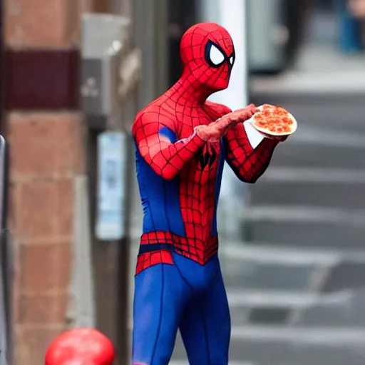 Prompt: toby maguire as spiderman enjoying a fresh pepperoni pizza in new york