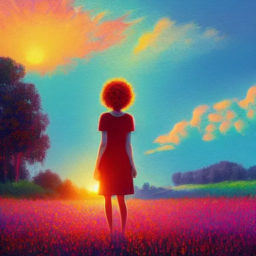 Image similar to girl with one flower afro, standing in a field with flowers, hills, big trees, sunrise dramatic light, impressionist painting, colorful clouds, digital painting, pointillism, artstation, simon stalenhag