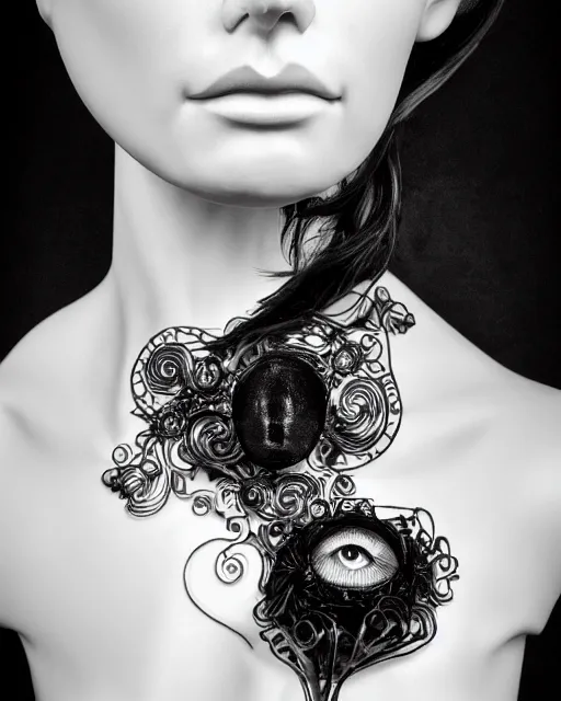Image similar to black and white dreamy foggy smoky detailed profile face portrait, one silver steampunk eye biomechanical beautiful young female cyclope - cyborg - robot bust, body ribs meshes,, volumetric light, hibiscus flowers, rim light, by dora maar and cecile beaton, big gothic fashion pearl embroidered collar, 8 k