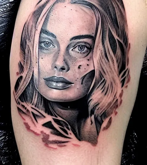 Image similar to tattoo sketch of margot robbie mash up amazing mountain scenery and nature, double exposure effect, in the style of arlo dicristina, hyper realism, amazing detail, sharp