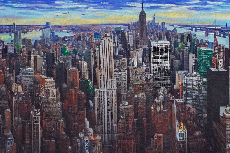 Image similar to tsunamic crashing over manhattan, bird's eye view, wide shot, cinematic, realistic painting