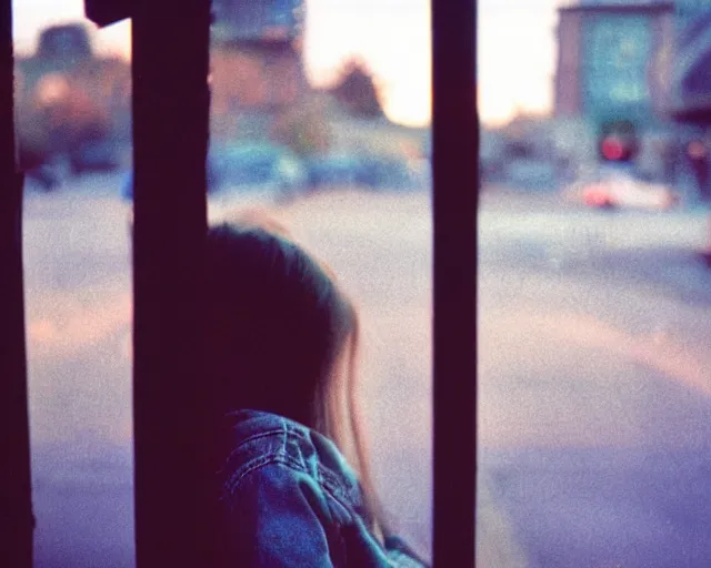 Image similar to lomo photo of shy goth girl sitting in empty bus, sunset, cinestill, bokeh