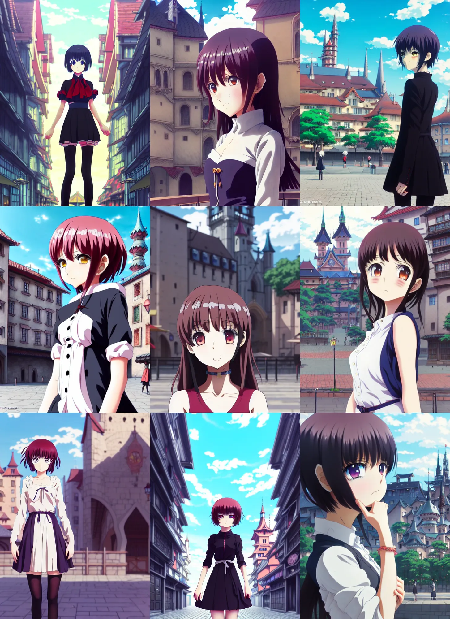 Prompt: anime frames, anime visual, full body portrait of a young woman in the medieval city square looking at the fantasy palace in the distance, cute face by ilya kuvshinov, katsuhiro otomo, dynamic pose, dynamic perspective, rounded eyes, moody, psycho pass, kyoani, yoh yoshinari