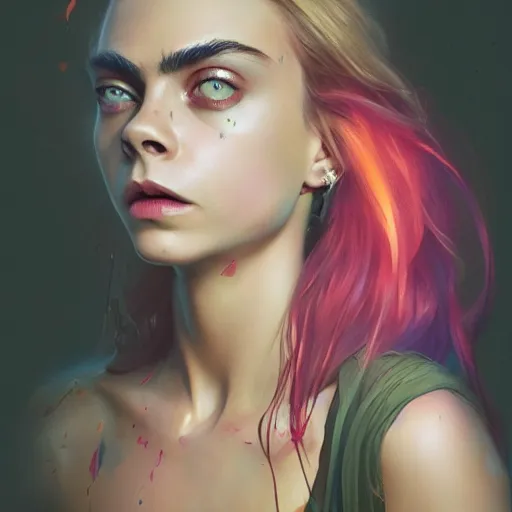 Image similar to cara delevingne, full body colorful oil painting by greg rutkowski, charlie bowater, yuumei, yanjun cheng, unreal 5, daz, hyperrealistic, octane render, rpg portrait, dynamic lighting, fantasy art, beautiful face