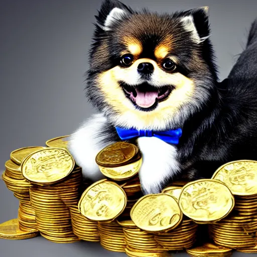 Image similar to A pomeranian wearing a top-hat and a monocle, sitting on top of a large pile of gold coins