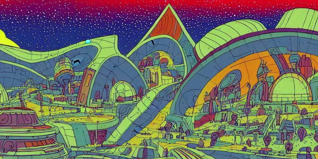 Image similar to traditional drawn colorful animation a solo skateboarder down to valley symmetrical architecture on the ground, space station planet afar, planet surface, ground, rocket launcher, outer worlds extraterrestrial hyper contrast well drawn Metal Hurlant Pilote and Pif in Jean Henri Gaston Giraud animation film The Masters of Time FANTASTIC PLANET La planète sauvage animation by René Laloux