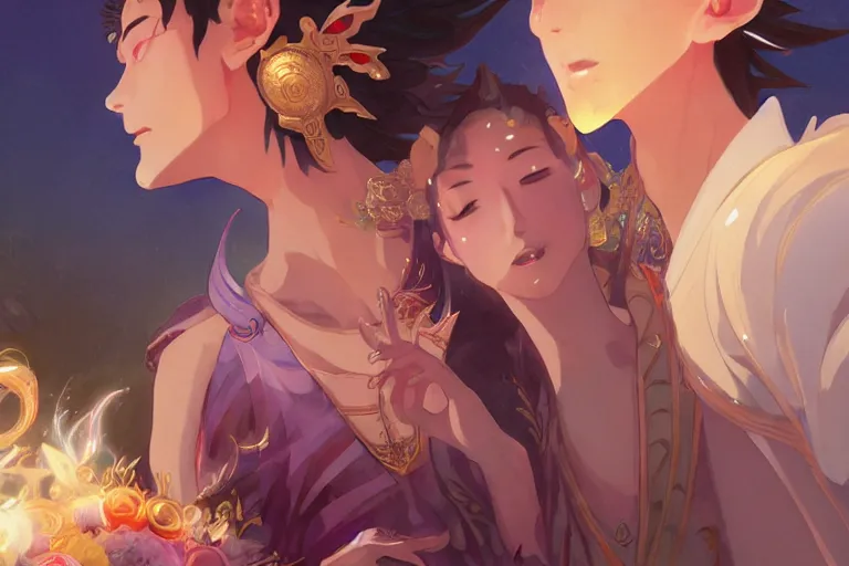 Image similar to close up moment of a divine a japan sun god and a moon goddess lovers magician at a wedding banquet, highly detailed, d & d, fantasy, 4 k realistic, digital painting, trending on artstation, concept art, sharp focus, illustration, art by makoto shinkai and akihiko yoshida and daniel gerhartz