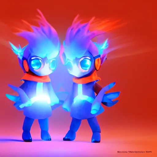 Prompt: cute fumo plushes of a set of red and blue twins who are masters of fire and ice magic respectively, outline glow, particle simulation, blue and orange lens flare, vray