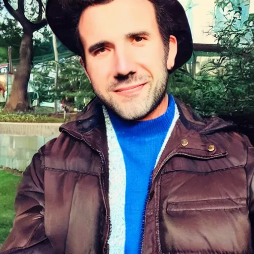 Image similar to Man young short facial hair brown hair wearing blue jacket leaves background selfie