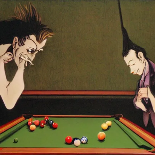 Prompt: the joker playing pool by foujita, tsuguharu, magical realism