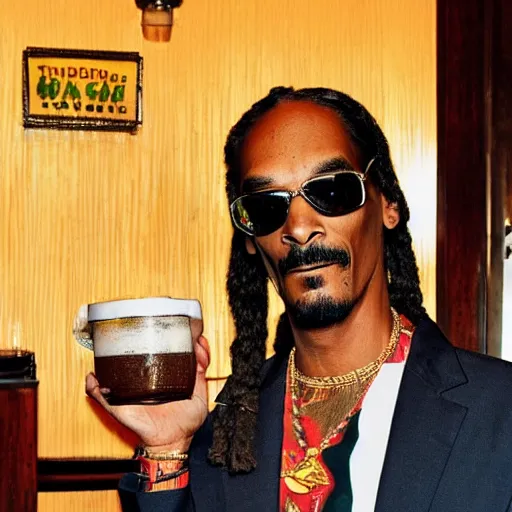 Image similar to snoop dogg at trader vic's bar holding a tiki mug with his face on it