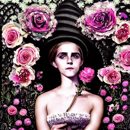 Prompt: big eyes full body fashion model emma watson smokey eyes makeup eye shadow textured film grain oil on canvas fantasy, glow, shimmer as victorian woman in a long white frilly lace dress and a large white hat having tea in a sunroom filled with flowers, roses and lush fern flowers ,intricate, night, highly detailed, dramatic lighting , high quality