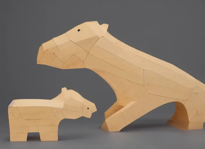 Image similar to a minimalist curvy shaped sculpture of hippopotamus!, wood and epoxy on top, cubic blocks stripes cuts, side view profile centered, studio, design, object, reddit