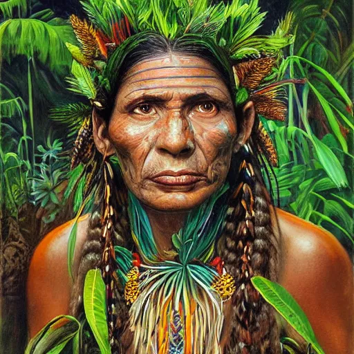 Image similar to a beautiful portrait of an amazonian shaman healer sitting in the jungle, doing a prayer, ayahuasca, high detail painting, fantasy art, highly detailed, realistic face