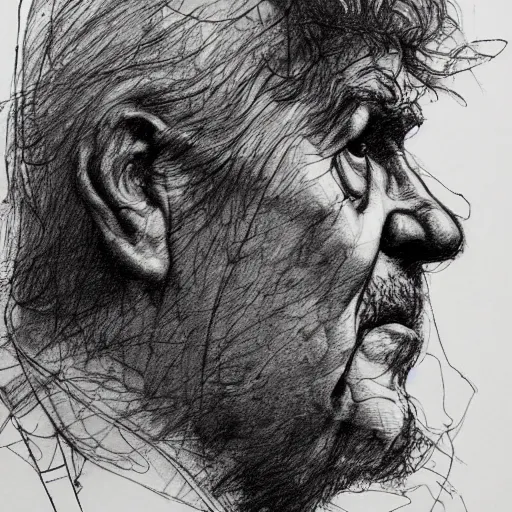 Prompt: a realistic yet scraggly portrait sketch of the side profile of a stern and sophisticated the heavy, trending on artstation, intricate details, in the style of frank auerbach, in the style of sergio aragones, in the style of martin ansin, in the style of david aja, in the style of mattias adolfsson