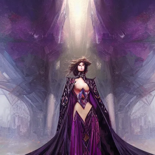 Image similar to masterpiece digital painting of a beautiful woman knight portrait, centered, heavy black obsidian armor, chaotic ruby inlays, large cape, by kev walker and greg rutkowski and mucha and luis royo, atmospheric fog effects background, purple sparkles, artstation, deviantart, closer view, cinematic lights