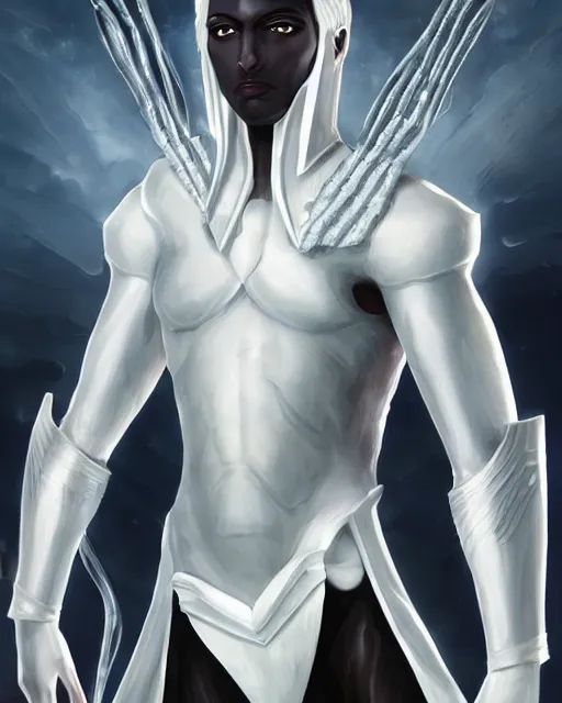 Image similar to perfect white haired egyptian male god, brute, fantasy nanosuit skin armor, beautiful, symmetric, dreamy, half african, black salamander eyes, charlize theron, detailed, scifi platform, laboratory, experiment, 4 k, ultra realistic, epic lighting, android body, illuminated, cinematic, masterpiece, art by akihito tsukushi, voidstar